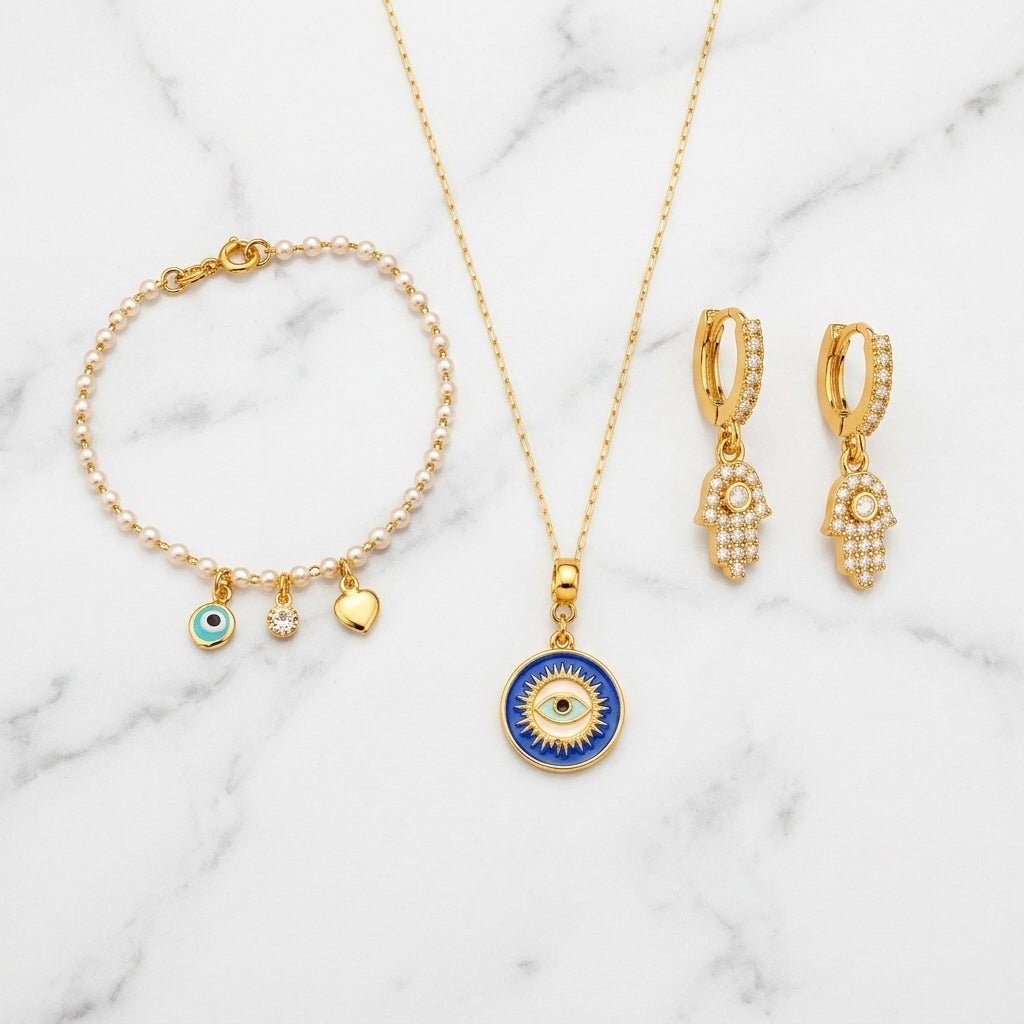 Look Completo Olho Grego Dourado | Helennea - Look completo (Anel + Colar + Pulseira) | Helennea