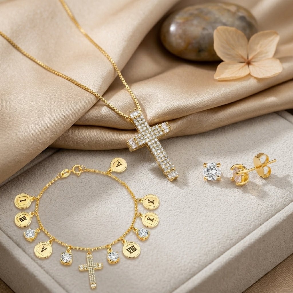 Look Completo Pingente Cruz Dourado - Look completo (Anel + Colar + Pulseira) | Helennea