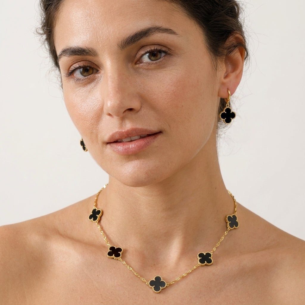 Look Completo Trevo Preto Argola Luxo - Look completo (Anel + Colar + Pulseira) | Helennea