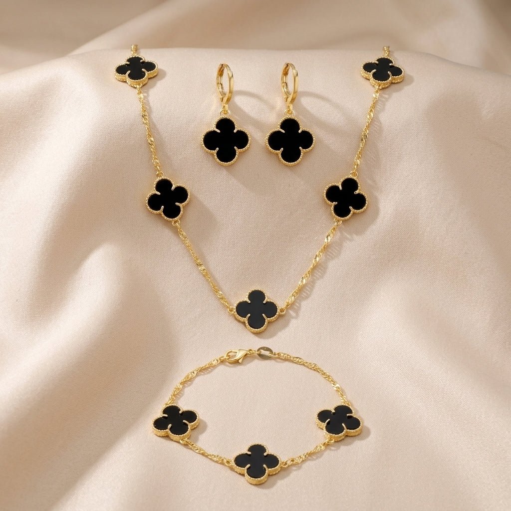 Look Completo Trevo Preto Argola Luxo - Look completo (Anel + Colar + Pulseira) | Helennea
