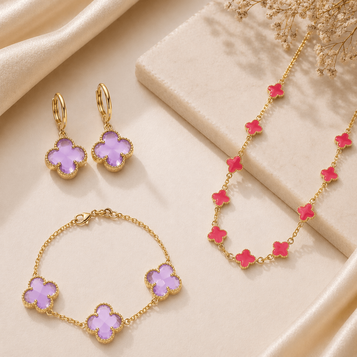 Look Completo Trevo Rosa Choker - Look completo (Anel + Colar + Pulseira) | Helennea