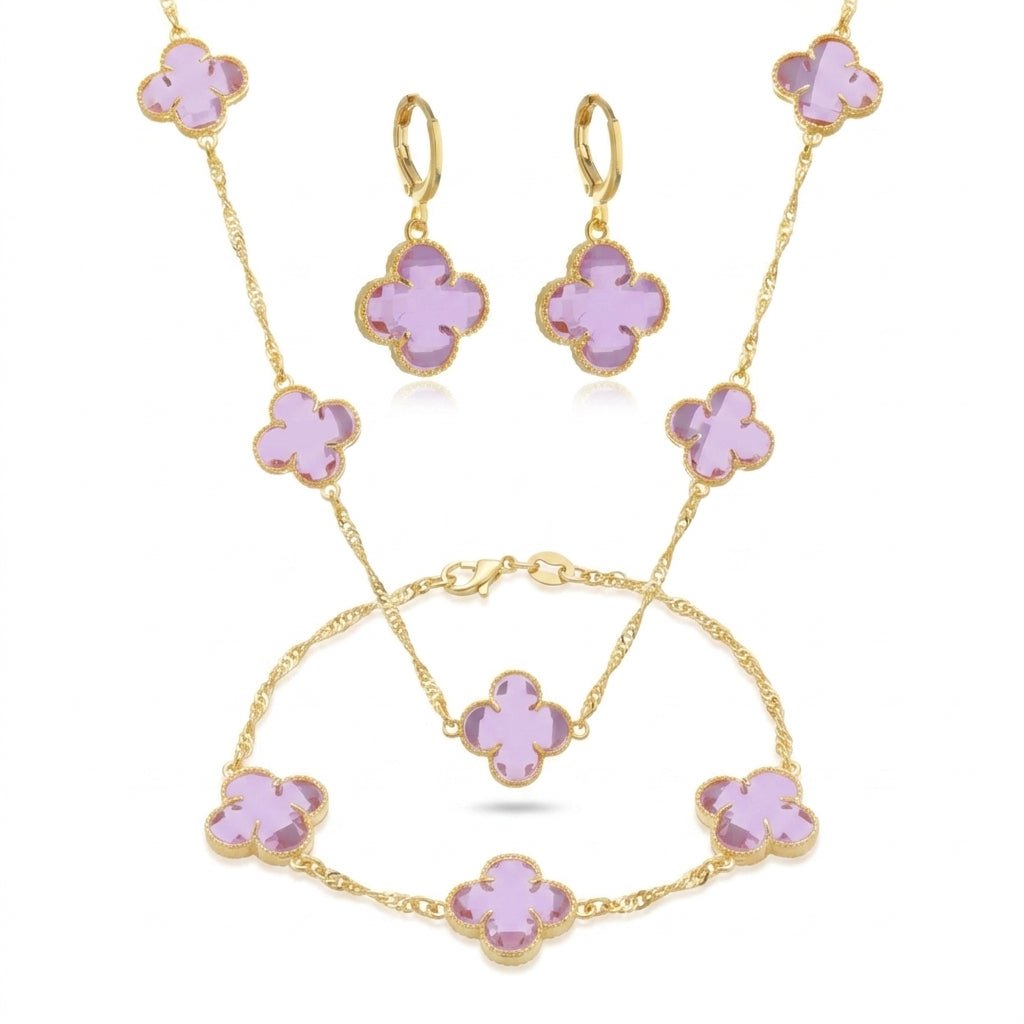 Look Completo Trevo Rosa Colar Longo - Look completo (Anel + Colar + Pulseira) | Helennea
