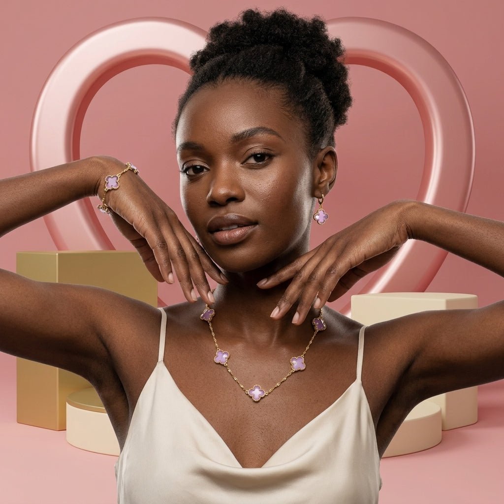 Look Completo Trevo Rosa Colar Longo - Look completo (Anel + Colar + Pulseira) | Helennea
