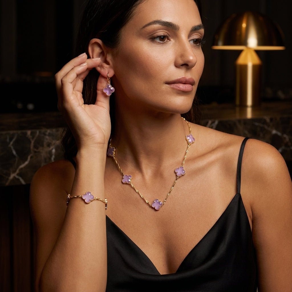 Look Completo Trevo Rosa Colar Longo - Look completo (Anel + Colar + Pulseira) | Helennea