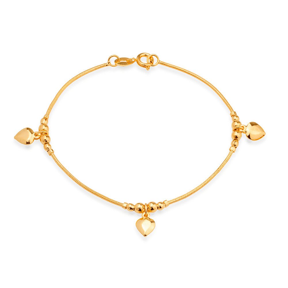 Pulseira Dourada Lisa com 3 Pingentes de Coração - Pulseiras | Helennea