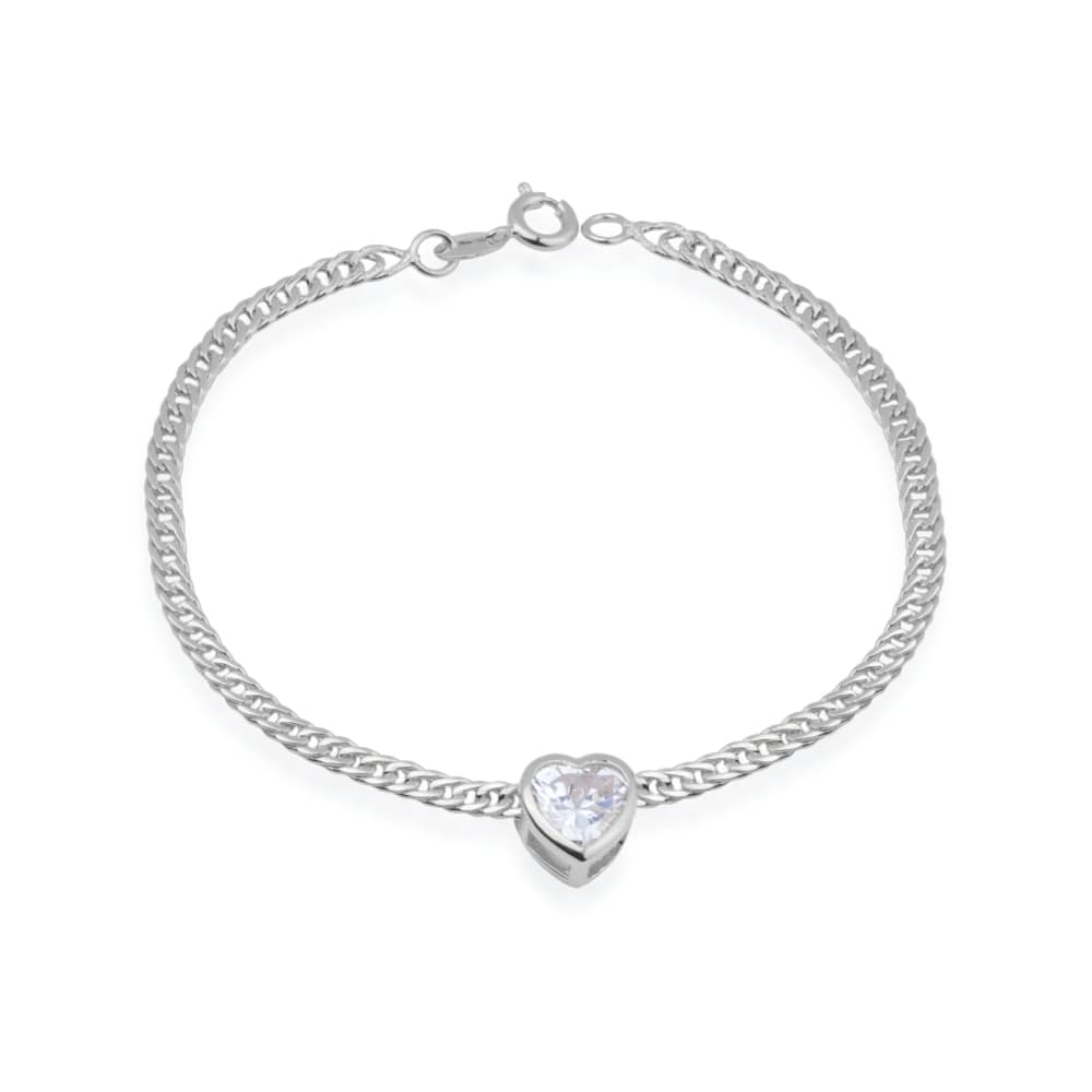 Pulseira Feminina Coração Prateada com Pedra Brilhante em Zircônia - Pulseiras | Helennea