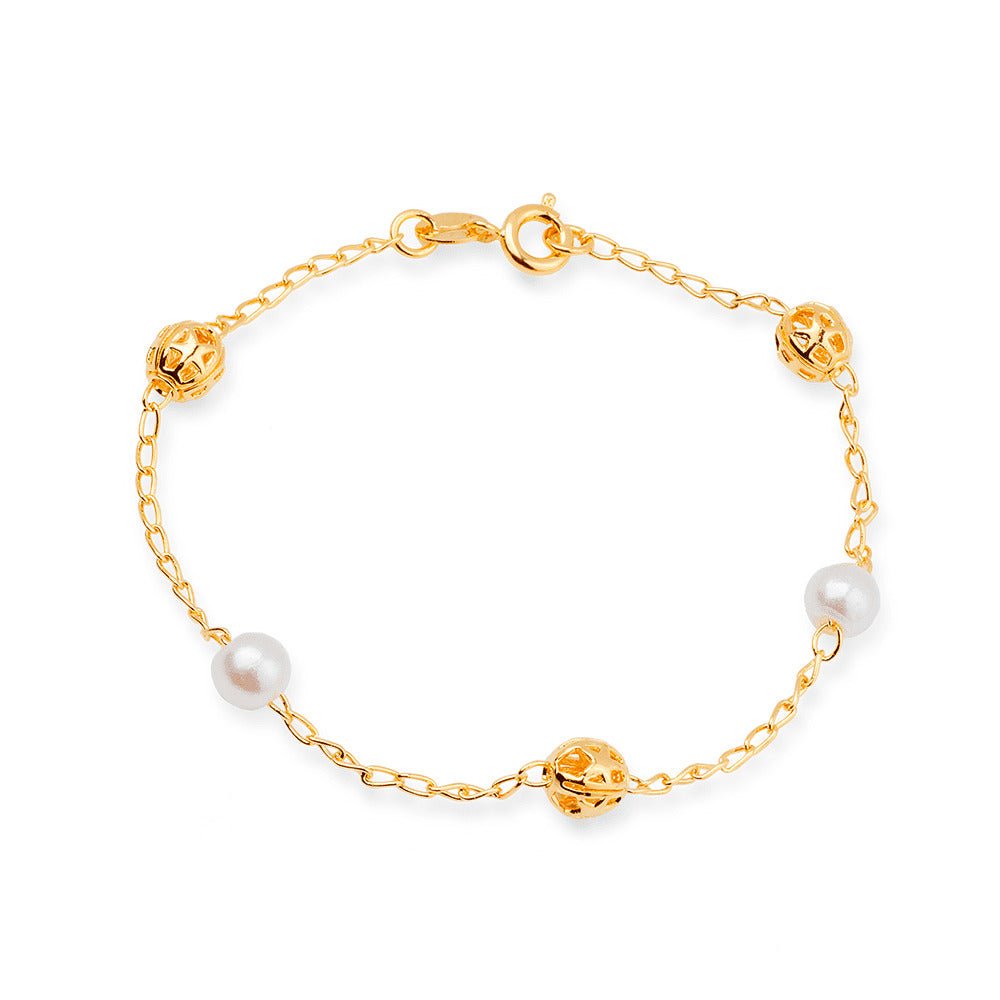 Pulseira Feminina Dourada com Pérolas e Esferas Vazadas - Pulseiras | Helennea