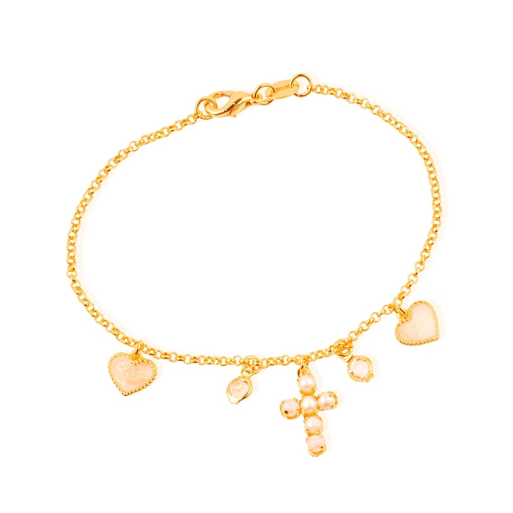 Pulseira Feminina Dourada com Pingentes Coração e Cruz Madrepérola - Pulseiras | Helennea