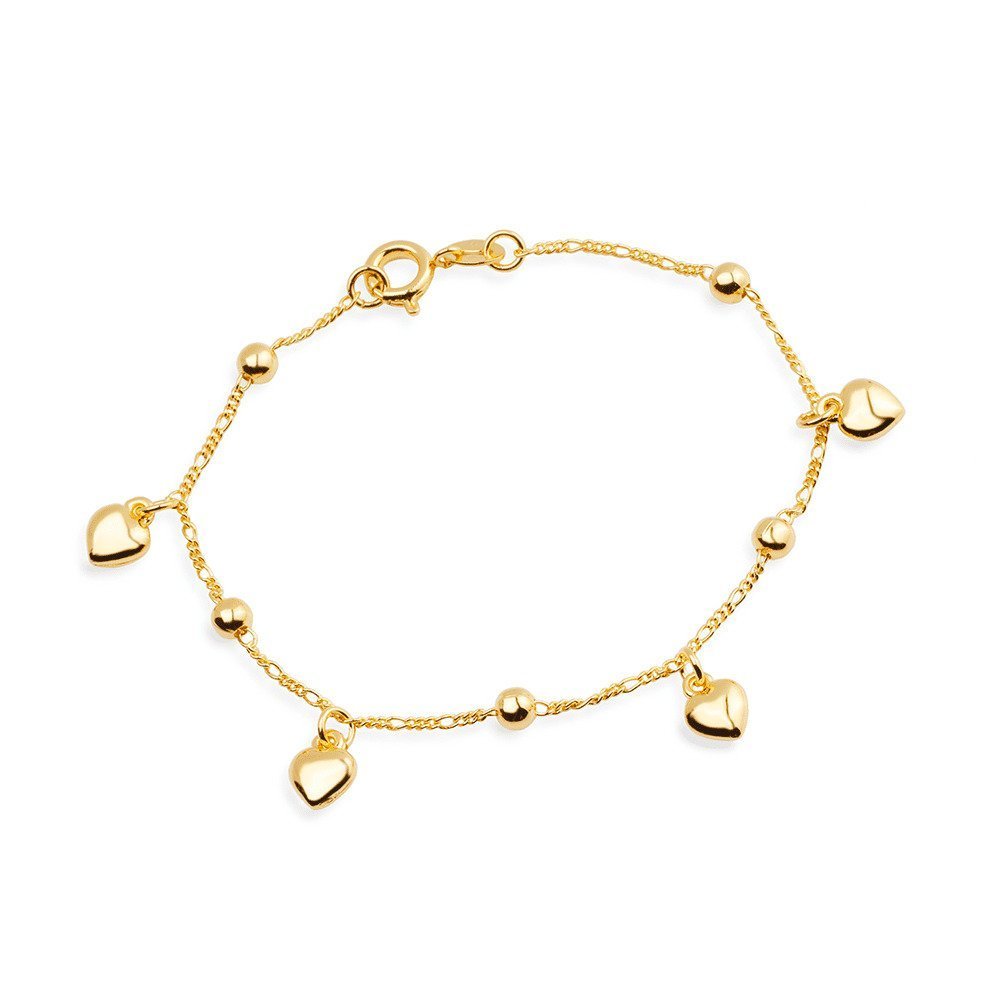 Pulseira Feminina Dourada com Pingentes de Coração e Esferas - Pulseiras | Helennea