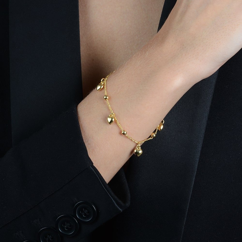 Pulseira Feminina Dourada com Pingentes de Coração e Esferas - Pulseiras | Helennea