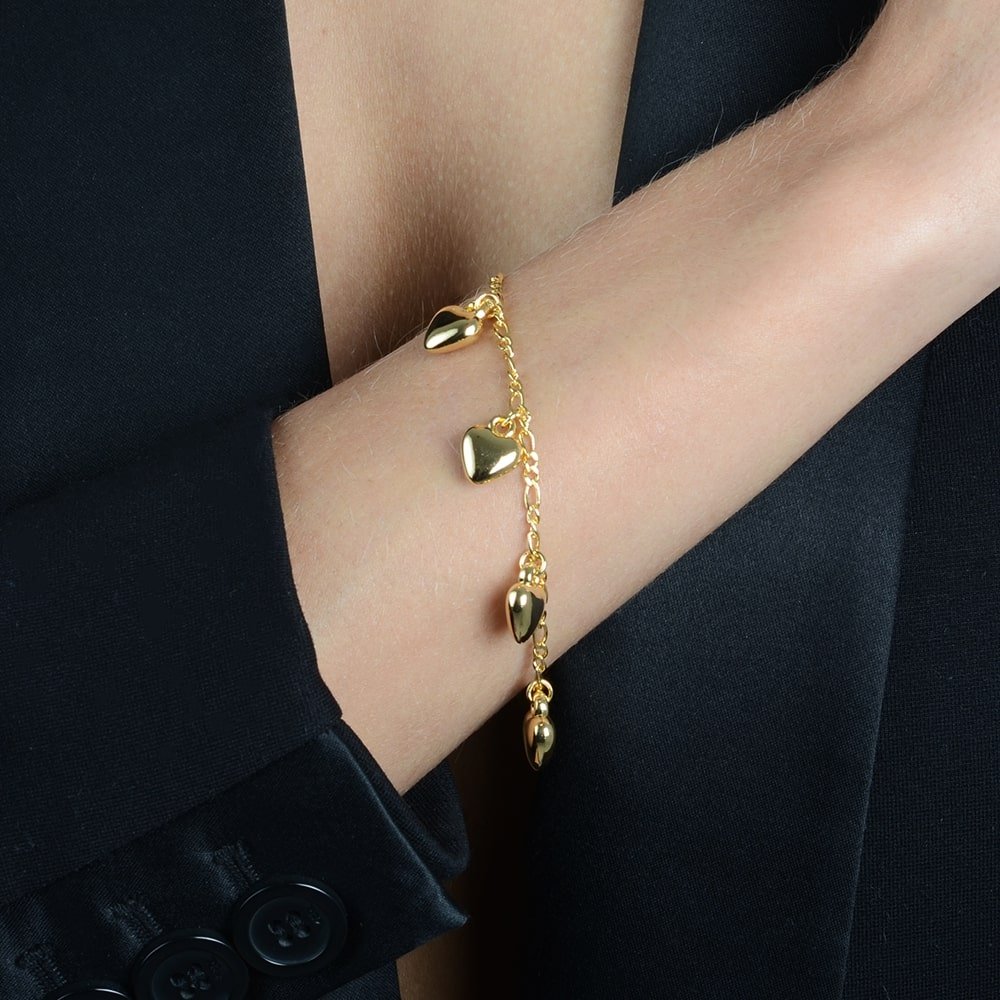 Pulseira Feminina Dourada com Pingentes de Coração - Pulseiras | Helennea