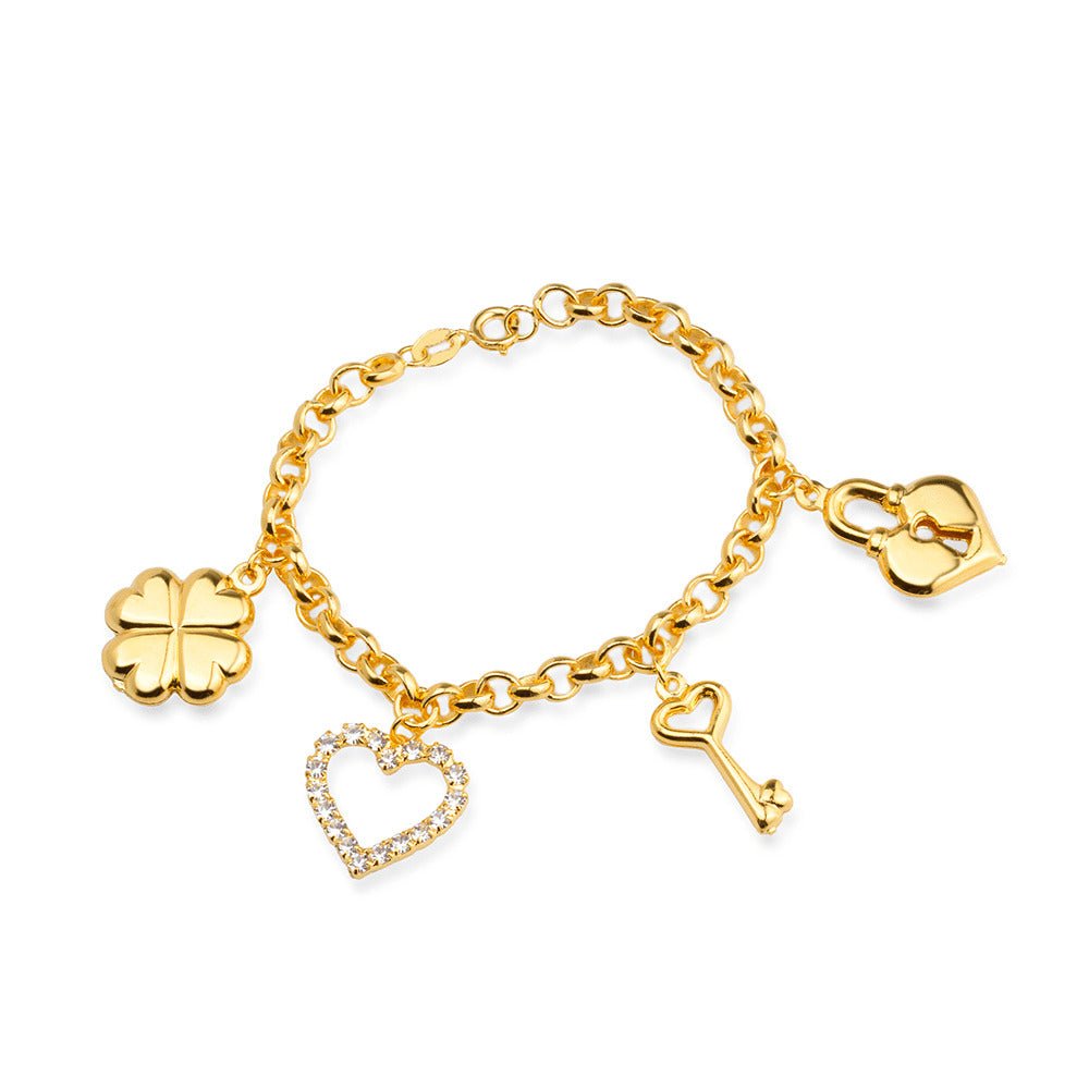 Pulseira Feminina Dourada com Pingentes Trevo Coração Chave e Cadeado - Pulseiras | Helennea