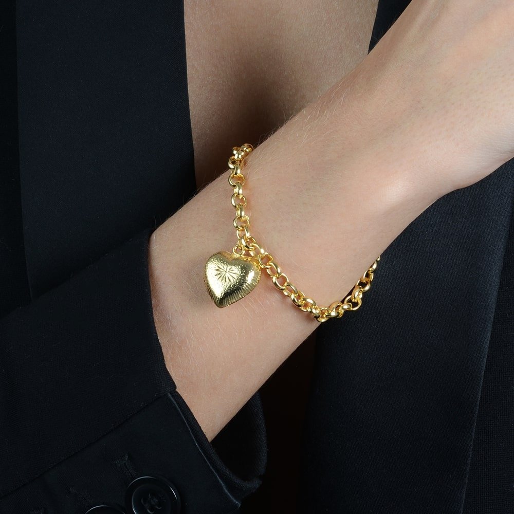 Pulseira Feminina Dourada Elo Português com Pingente de Coração - Pulseiras | Helennea