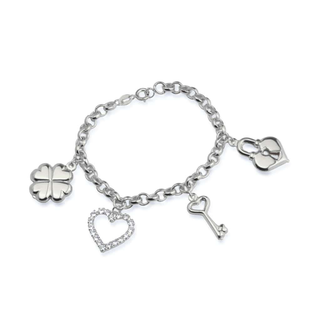 Pulseira Feminina Prateada com Pingentes Trevo Coração Chave e Cadeado - Pulseiras | Helennea