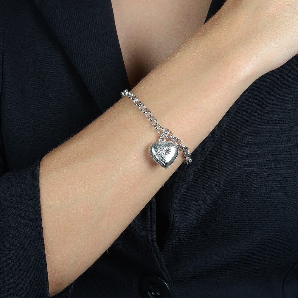 Pulseira Feminina Prateada Elo Português com Pingente de Coração - Pulseiras | Helennea