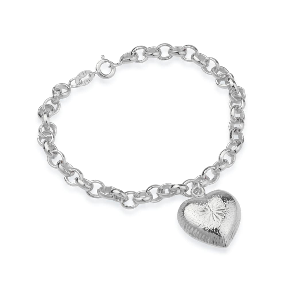 Pulseira Feminina Prateada Elo Português com Pingente de Coração - Pulseiras | Helennea