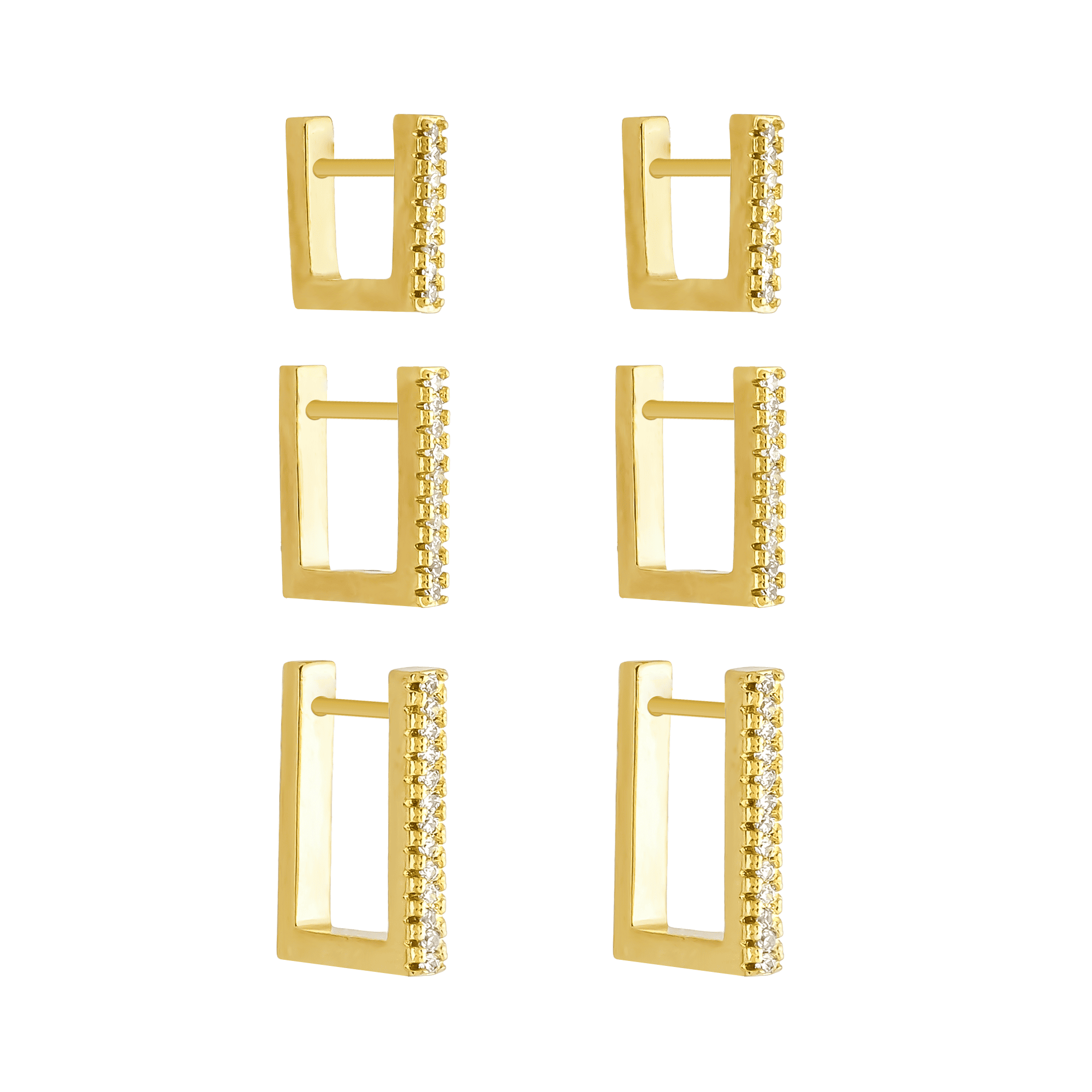 Trio de Argolinhas Douradas Quadradas Cravejadas com Zircônia - Brincos | Helennea